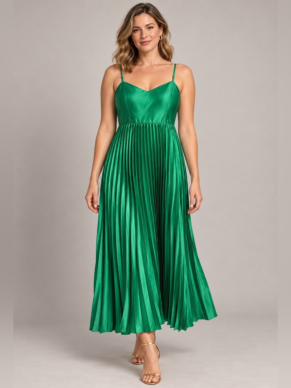 Nicole Miller New York Emerald Green Satin Pleated Dress Size 10